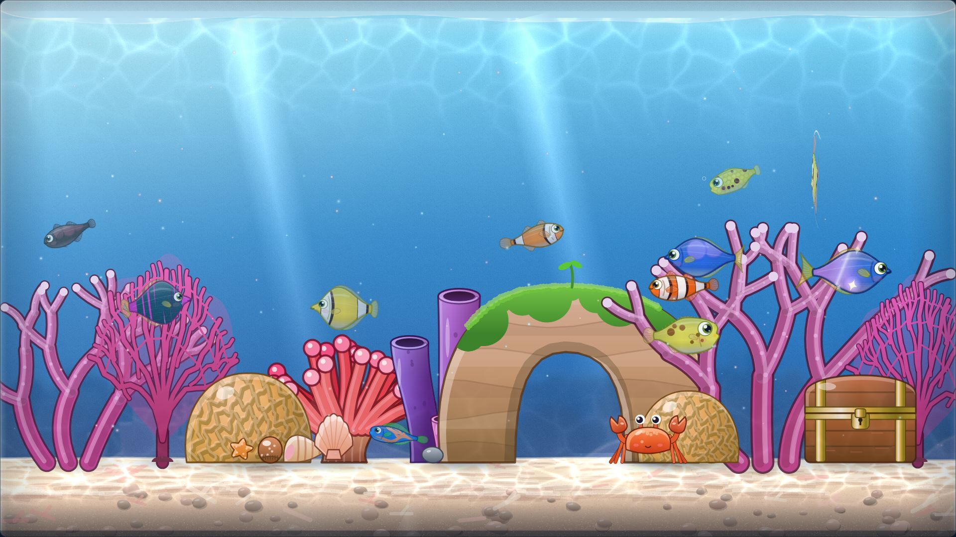 A sunny coral reef tank full of colorful fish, pink coral, an anemone, a stone arch and a treasure chest.