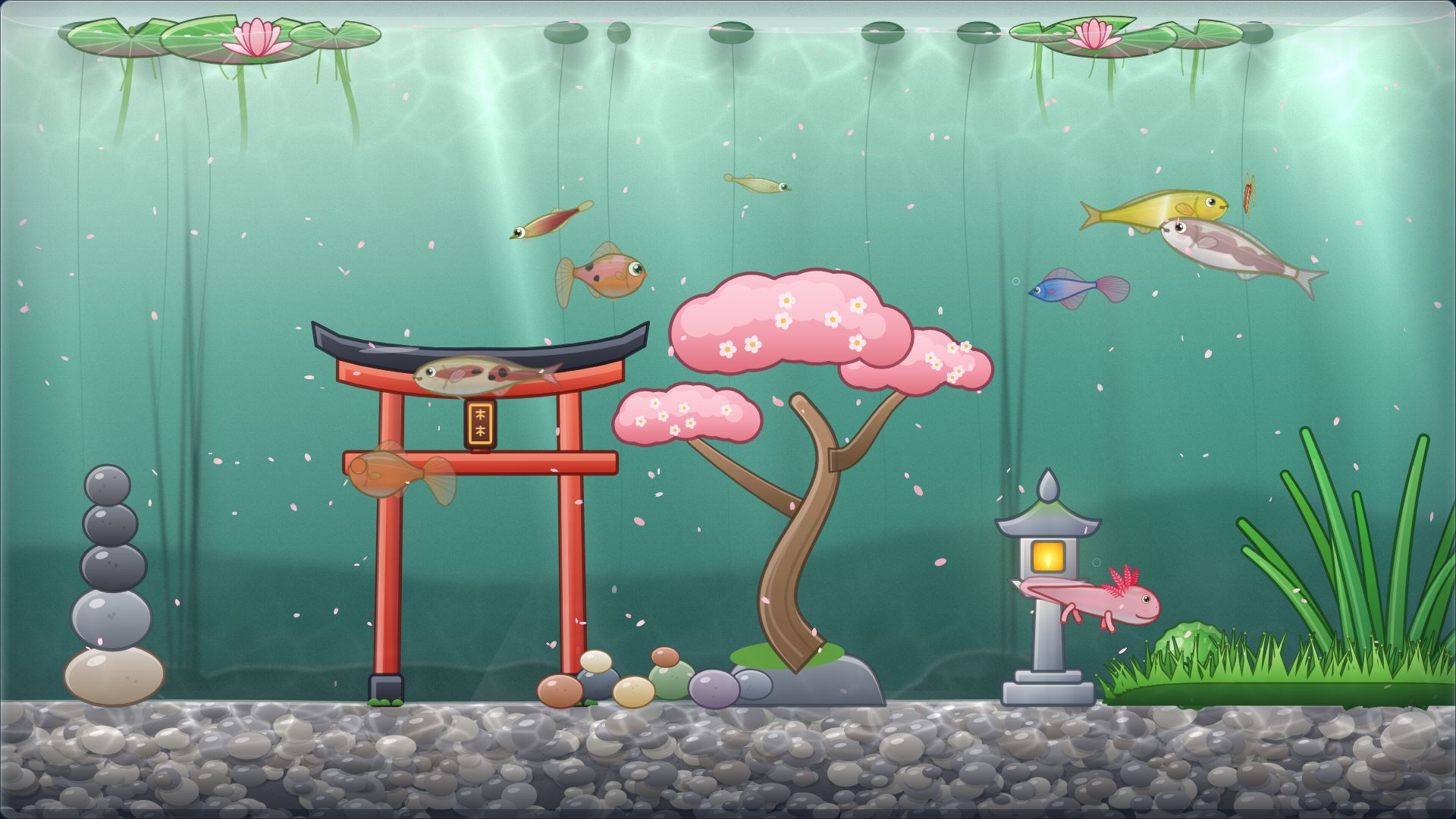 A calm Japanese-style pond tank with koi, a red torii gate, a cherry bonsai, a stone lantern and drifting petals.