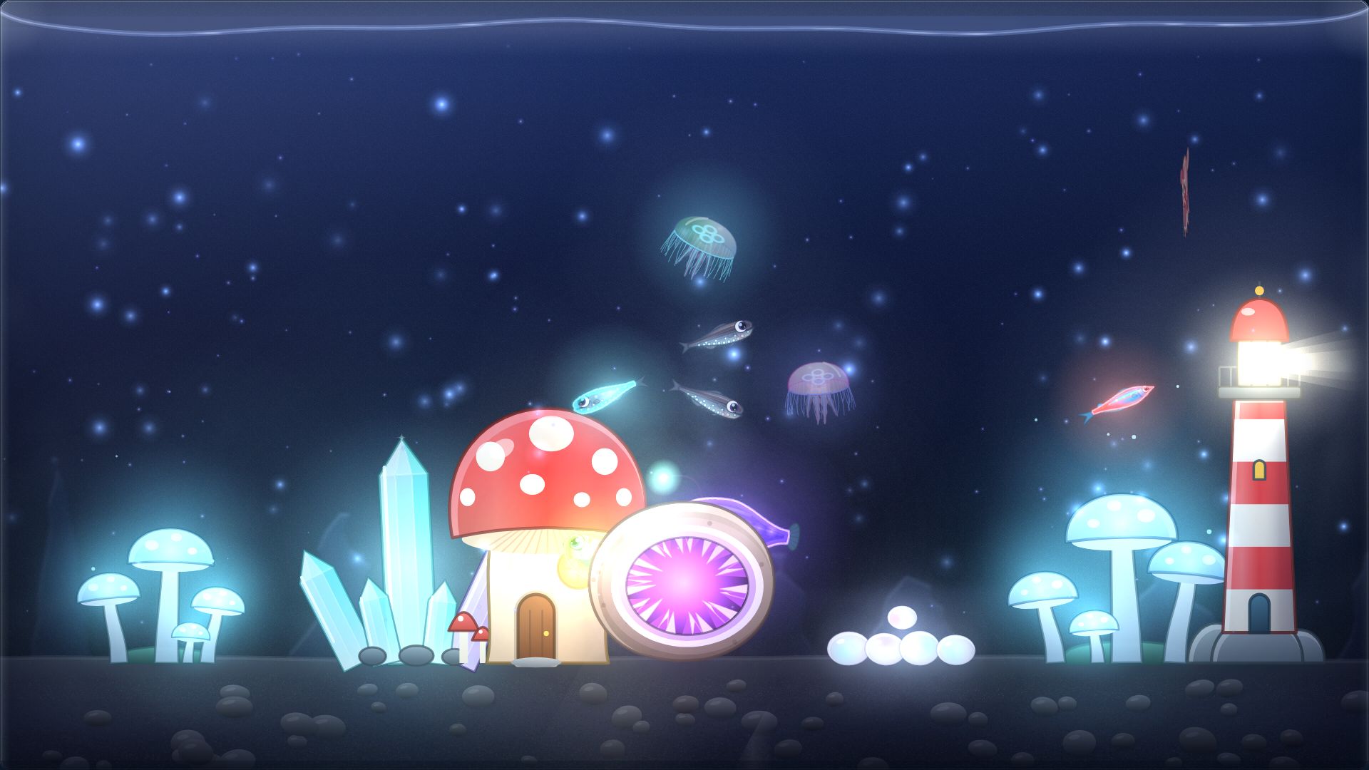 A dark deep-sea tank at night with glowing jellyfish, luminous mushrooms, crystals, a mushroom house and a lighthouse.