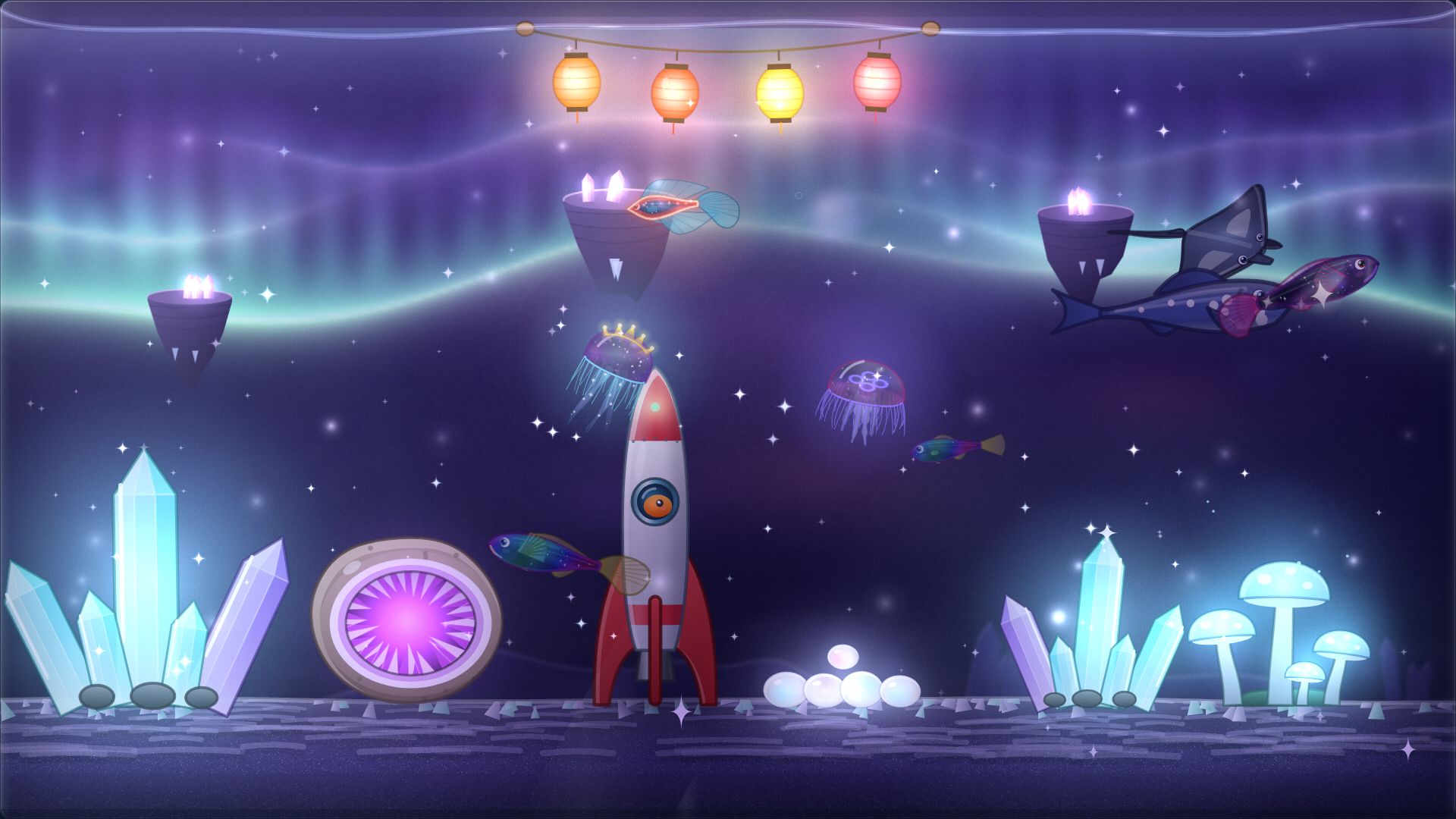 A starry night tank with an aurora, floating crystal islands, a small rocket, paper lanterns and galaxy-patterned fish.