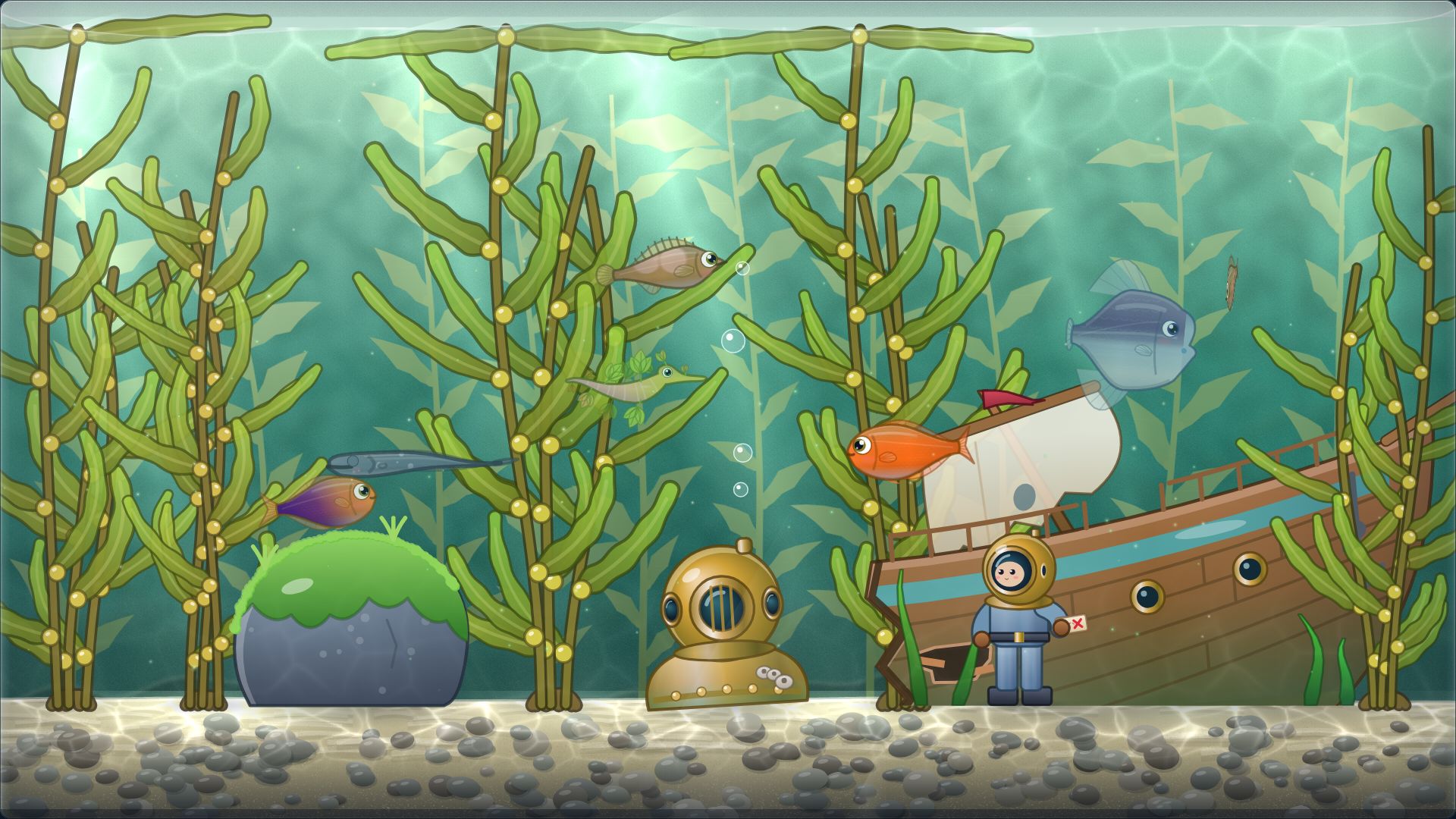 A green kelp forest tank with tall swaying kelp, a sunken ship, a diver figure and cold-water fish.