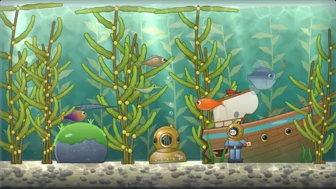 A green kelp forest tank with tall swaying kelp, a sunken ship, a diver figure and cold-water fish.