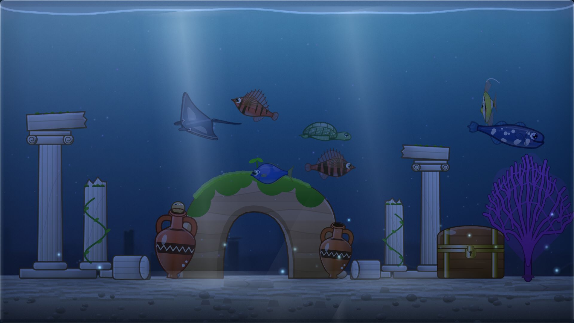 A sunken ruins tank with stone columns, clay amphorae, a mossy arch, a treasure chest, a sea turtle and a manta ray.