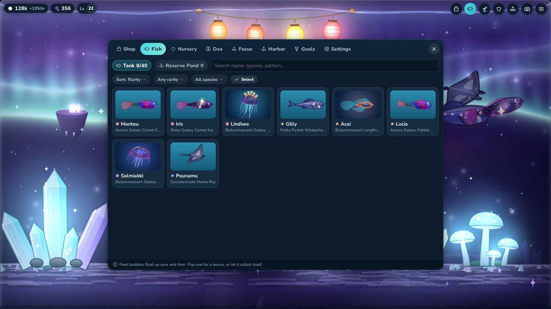 The Fish panel listing a collection of fish cards with names, species and patterns over a night tank.
