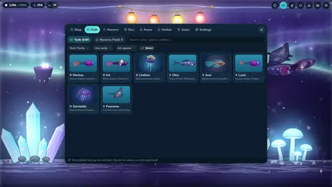 The Fish panel listing a collection of fish cards with names, species and patterns over a night tank.