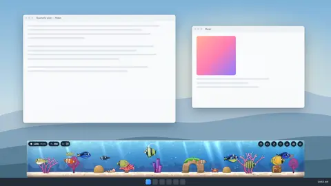 The Tankbar aquarium docked along the bottom of a simulated desktop, above the taskbar, with two generic app windows behind it.