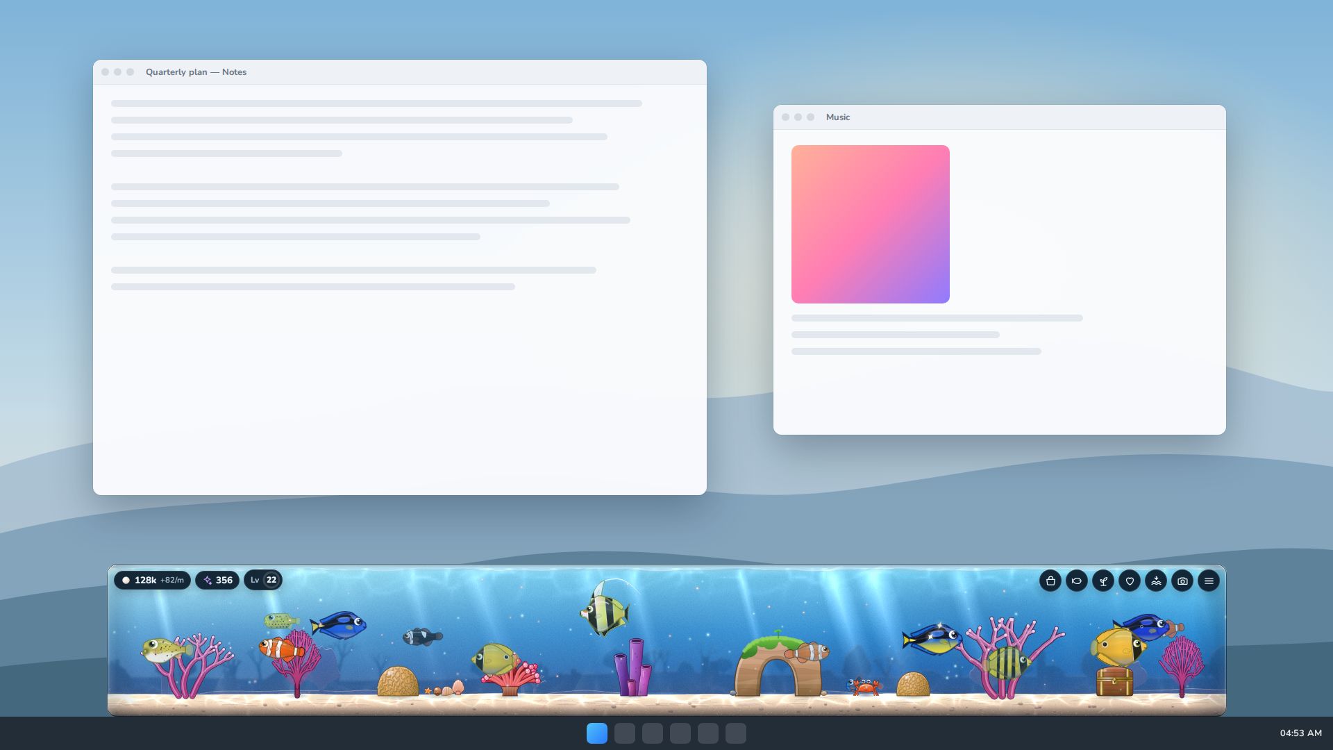 The Tankbar aquarium docked along the bottom of a simulated desktop, above the taskbar, with two generic app windows behind it.