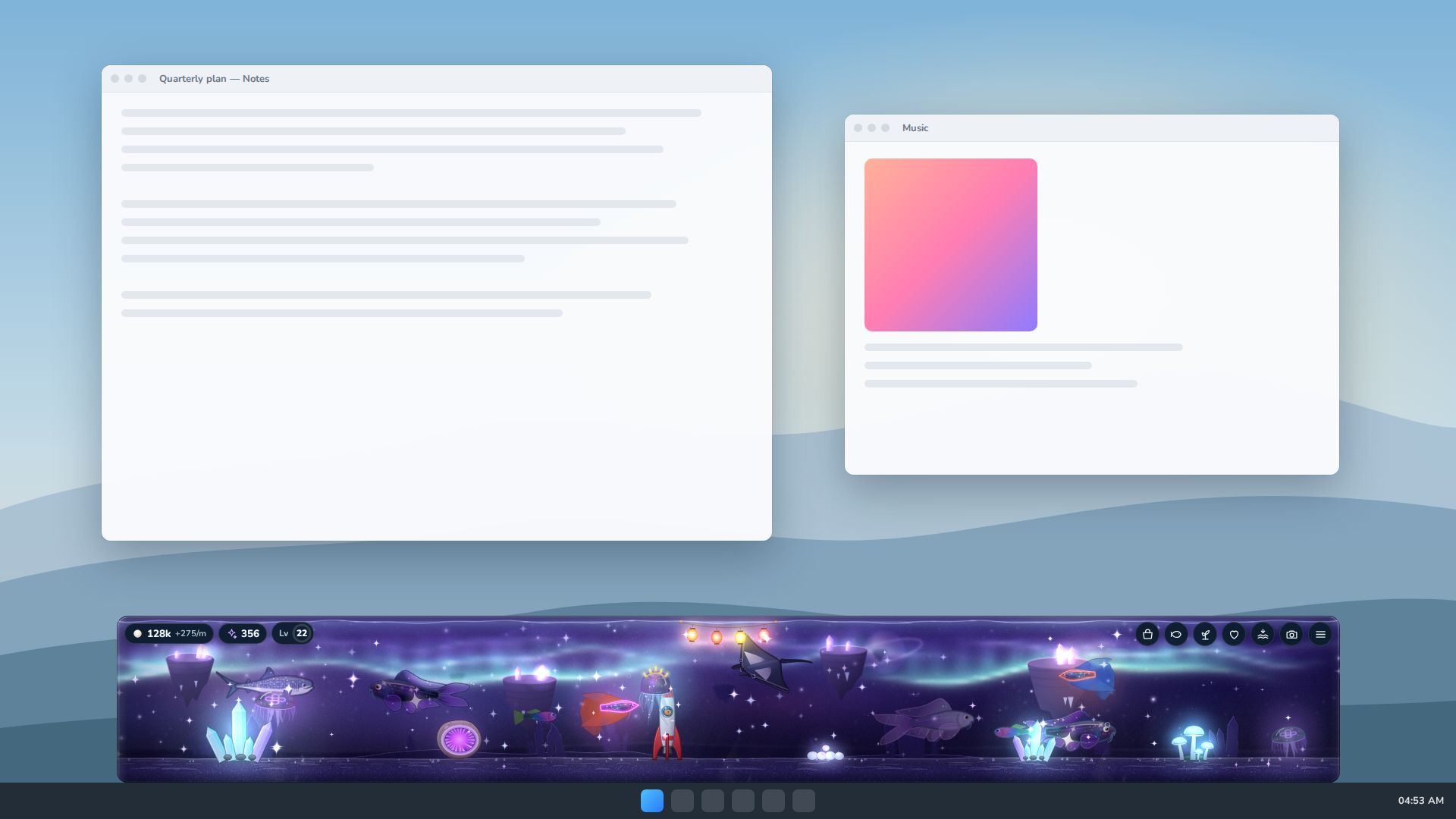 A night-time Nebula Reef tank docked above a desktop taskbar, with an aurora, glowing crystals, paper lanterns, jellyfish, a whale shark and galaxy-patterned fish.