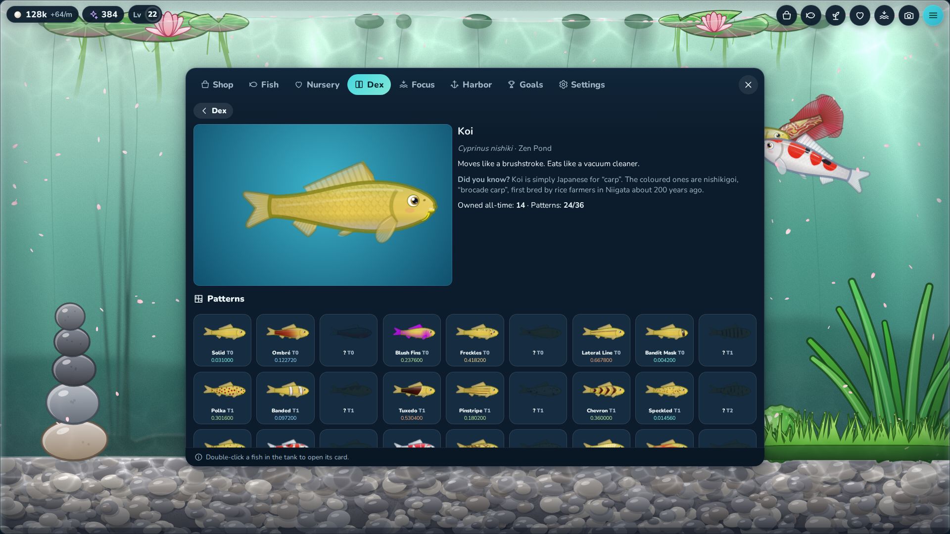 The Koi page of the Dex: patterns already found, each with its best finish number, and silhouettes for the ones still to find.