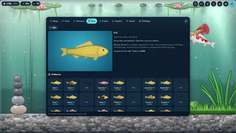The Koi page of the Dex: patterns already found, each with its best finish number, and silhouettes for the ones still to find.