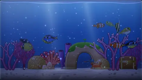 A coral reef tank shifting from bright daylight to a deep blue evening.