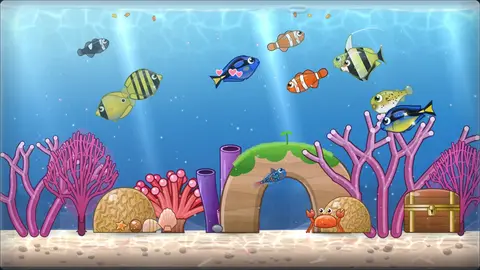 Fish chasing falling food flakes in a coral tank while a blue tang shows little hearts after a pet.