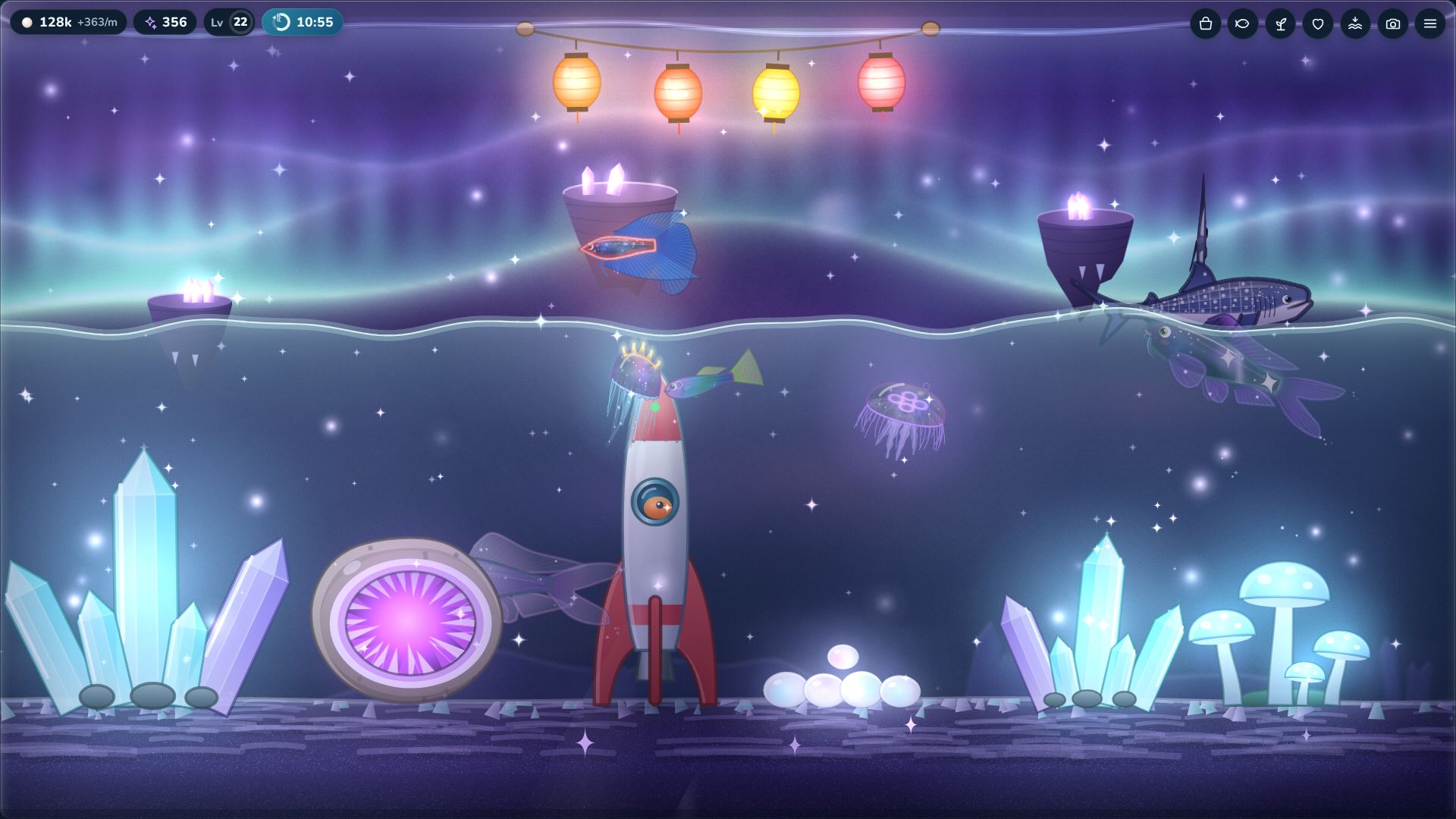 A night tank during a Focus Tide: a glowing band of water rising with a wavy crest line, and the countdown timer in the top corner.