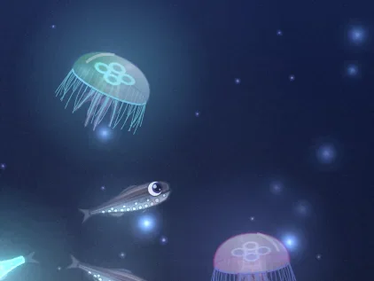 Two glowing jellyfish and small silver fish in the Midnight Abyss tank.