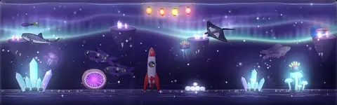 A wide night-time tank with aurora light, paper lanterns, glowing crystals, jellyfish, a whale shark, a manta ray and galaxy-patterned fish.