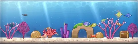 A very wide coral reef tank with colorful fish, corals, an anemone and a stone arch.