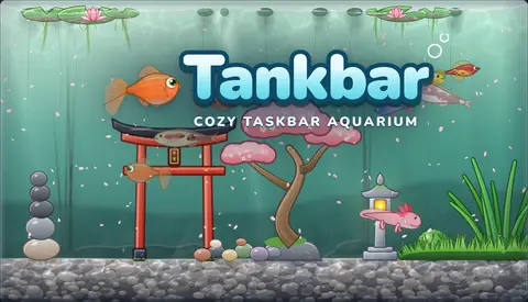 The Tankbar main capsule: the logo above a calm pond tank with koi and cherry petals.