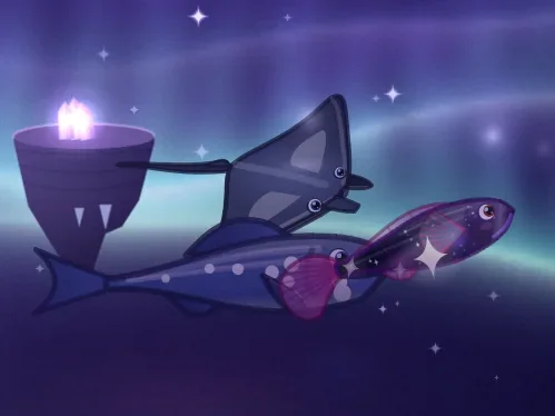 A manta ray and a galaxy-patterned fish drifting under the aurora in the Nebula Reef tank.