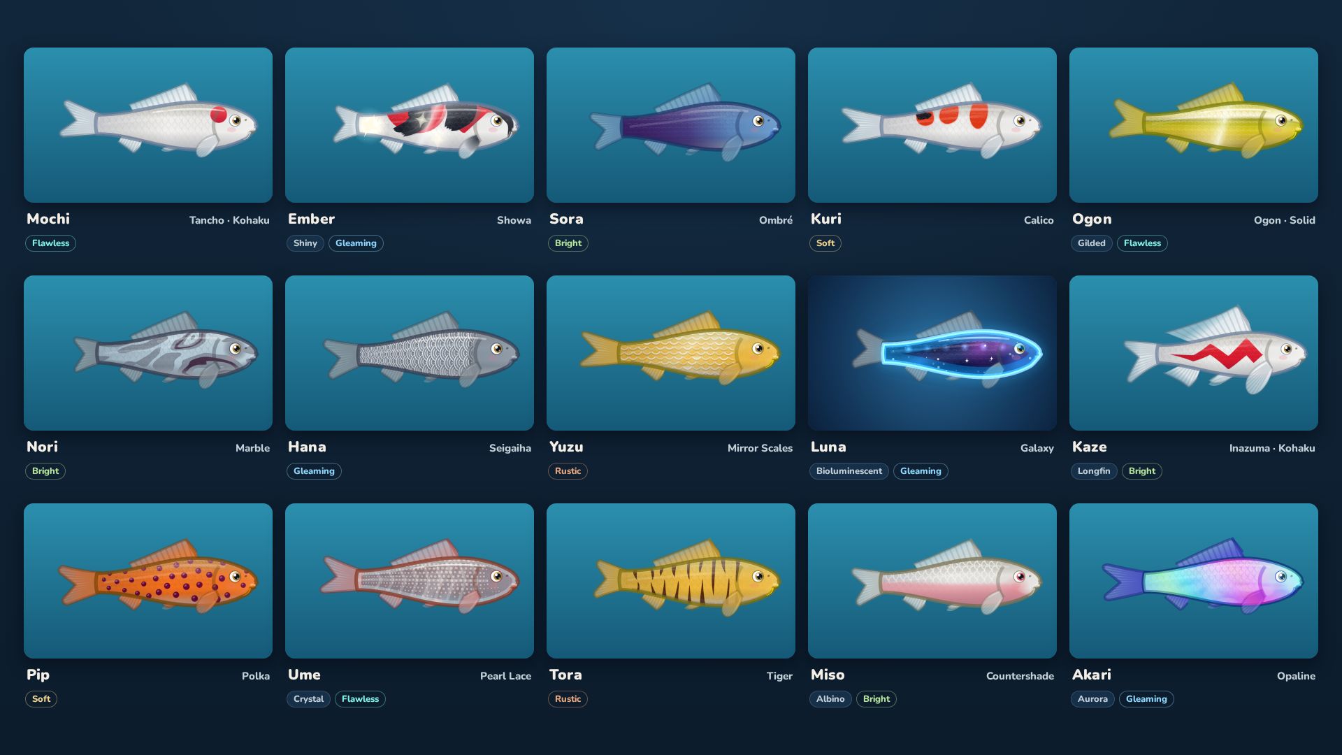 A grid of koi on a dark glass background, each with its own pattern, colors, traits and finish, and a name under each.