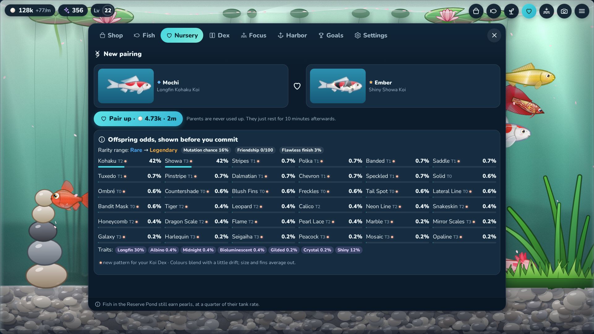 The Nursery showing two parent fish and the exact offspring odds for patterns and traits before you confirm.