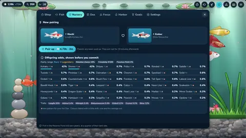 The Nursery showing two parent fish and the exact offspring odds for patterns and traits before you confirm.