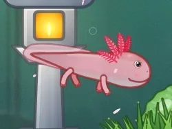 A pink swimmer with feathery gills resting by a stone lantern in the Zen Pond tank.