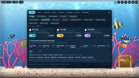 The in-game shop showing three egg types with their prices, hatch times and an Odds button on each.
