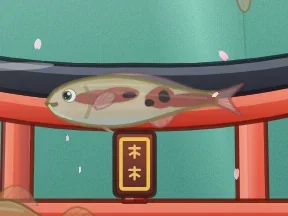 A pale koi with red-brown markings swimming through a red torii gate in the Zen Pond tank.