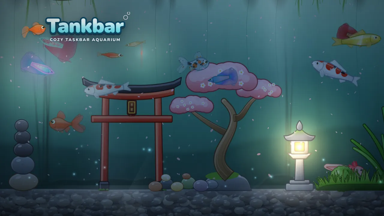 A night-time pond tank with a glowing stone lantern, a torii gate and koi, with the Tankbar logo. Press play to start the trailer.